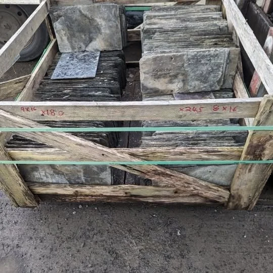 A crate of reclaimed slates ready to leave the yard