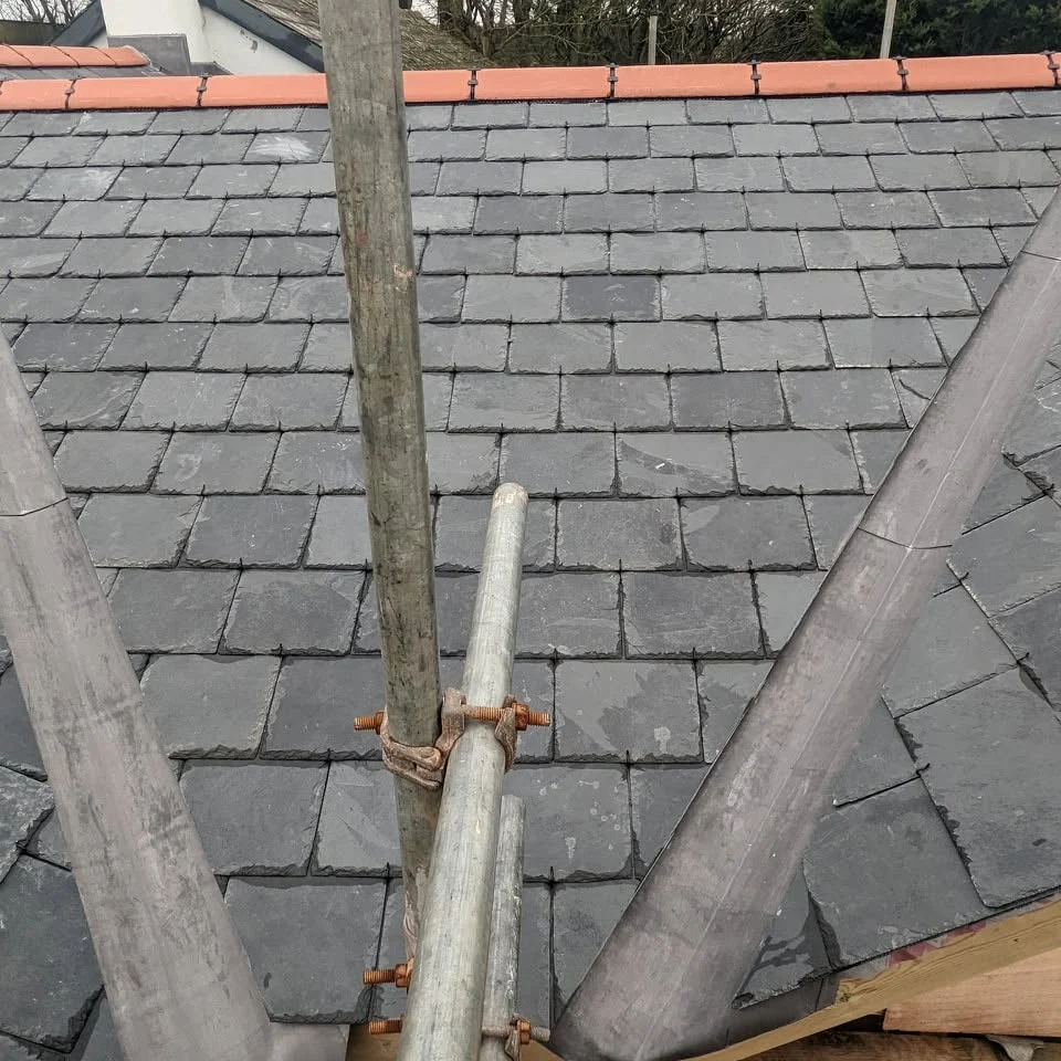 Hartland extension: slating under scaffold